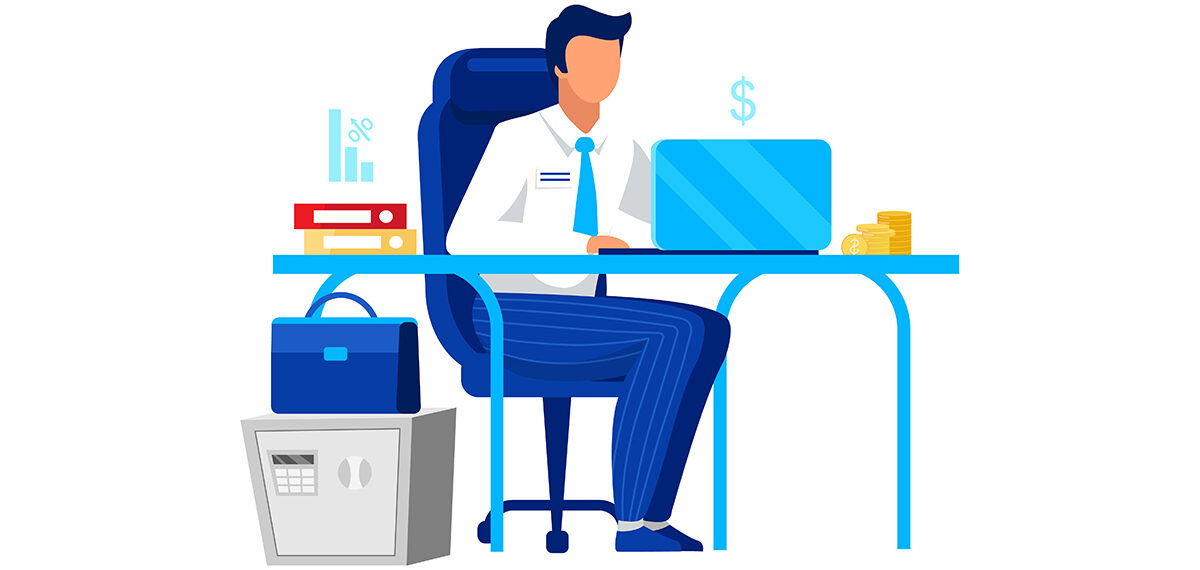 Office worker, clerk flat vector illustration. Company employee, economist isolated cartoon character on white background. Financial manager, accountant, auditor, financier working with laptop accountant questions accounting help accountant